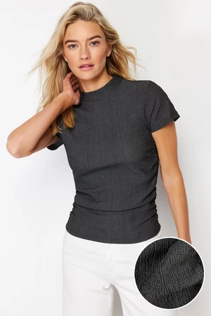 Trendyol Anthracite High Neck Short Sleeve Gathered Detail Elastic Knitted Blouse