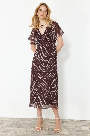 Trendyol Dark Brown Animal Patterned A-line Chiffon Maxi Woven Dress