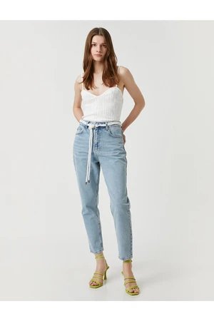 Koton High Waisted Jeans with Belt and Slightly Skinny Legs - Mom Jeans