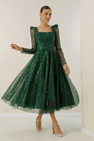 By Saygı Square Neck Long Sleeves Lined Sequins Beaded Dress