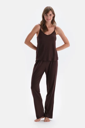 Dagi Dark Brown Lace Detailed Athlete Trousers Pajama Set