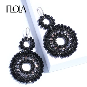 FLOLA Bohemia Crystal Beads Woven Earrings Woman Handmade Black Beads Big Earrings Ethnic Oorbellen Big Drop Earring ersm93