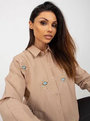 Beige oversize shirt with appliqué and embroidery