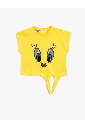 Koton Tweety Licensed T-Shirt. Sequined Embroidered Short Sleeves with Tie Waist Crewneck.