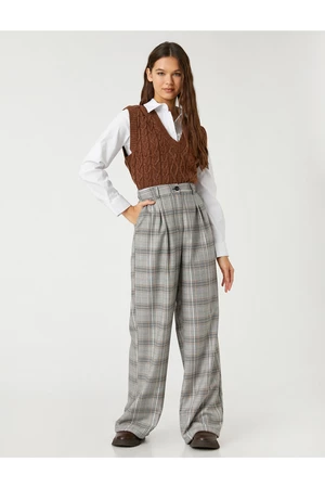 Koton Palazzo Trousers Wide Legs Check, Pocket Detailed Pleated.