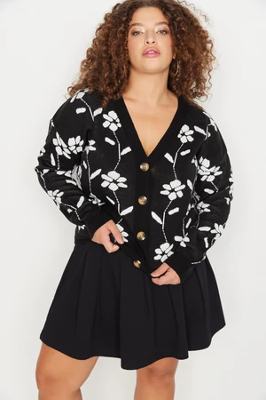 Trendyol Curve Black Floral Patterned Knitwear Cardigan