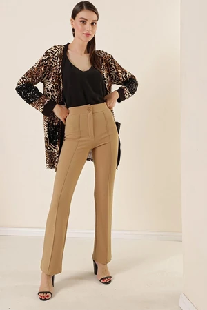 By Saygı High Waist Knitted Crepe Plain Palazzo Pants Mink