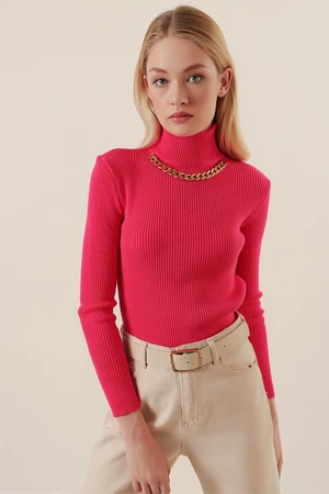 Bigdart 15478 Turtleneck Chain Sweater - Fuchsia