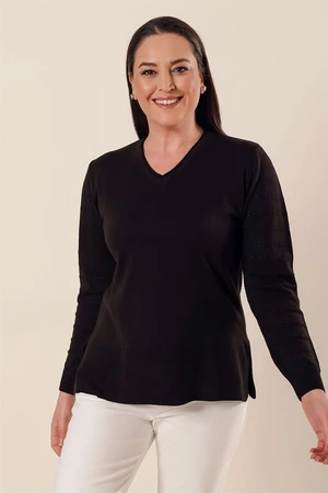 By Saygı V-Neck With Sleeves Patterned Slits in the Sides Plus Size Acrylic Sweater Black