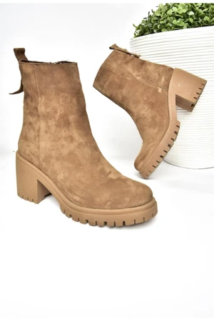 Fox Shoes R654006502 Tan Genuine Leather and Suede Women's Boots with Thick Heels