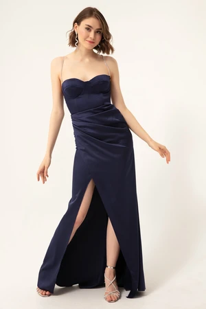 Lafaba Women's Navy Blue Stone Straps Long Satin Evening Dress with a Slit