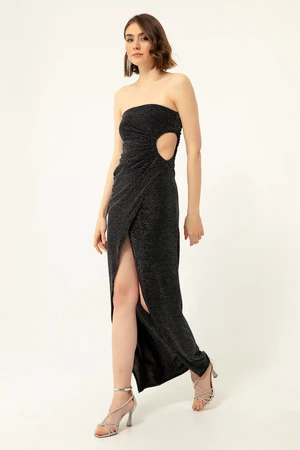 Lafaba Women's Anthracite Double-breasted Evening Dress with Lined Knitted Shimmering & Prom Dress.