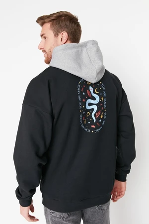 Trendyol Black Men's Oversized Hoodie. Text Printed Sweatshirt with a Soft Pillow Inside