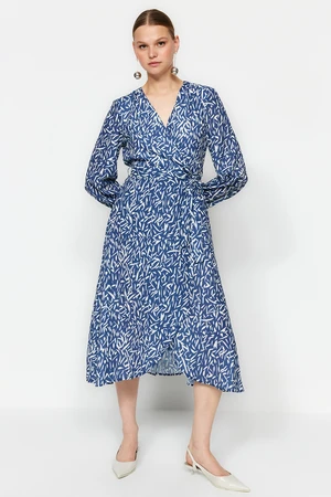 Trendyol Navy Blue Belted Wrap-around Midi Woven Patterned Woven Dress