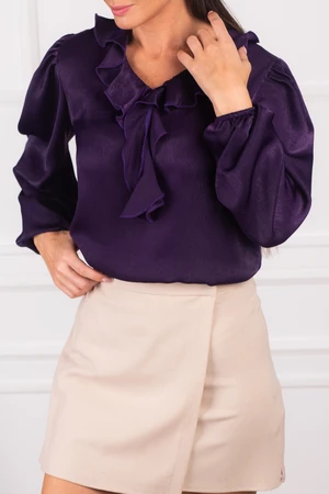 armonika Women's Dark Purple Cotton Satin Blouse with Frilled Collar.