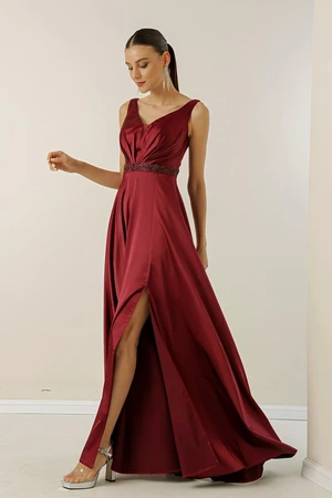 By Saygı V-Neck Wide Straps, Bead-lined Waistline, Wide Body Evening Long Satin Dress