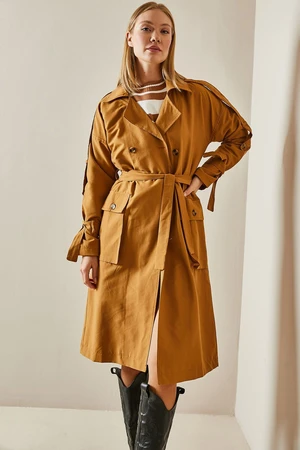 XHAN Orange Double Breasted Collar Trench Coat With Pocket