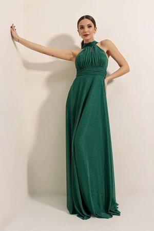 By Saygı Halterneck Lined Glittery Long Dress Emerald