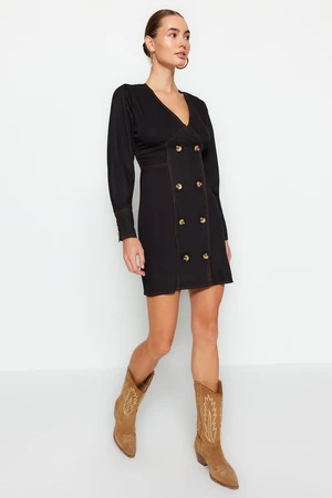 Trendyol Black Fitted Woven Mini Button Detailed Sleeves Bulky Woven Woven Dress