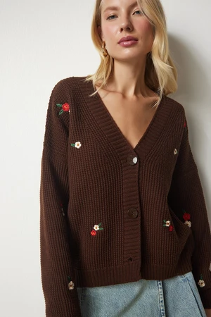 Happiness İstanbul Women's Brown Floral Embroidered One Button Knitwear Cardigan