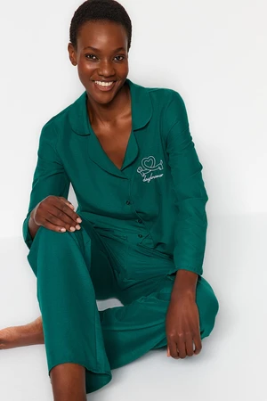 Trendyol Emerald Green Embroidered Shirt-Pants Weave Pajamas Set