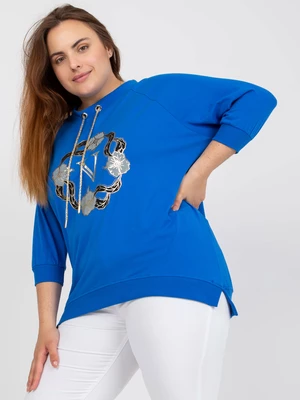 Dark blue blouse of larger size with print and 3/4 sleeves