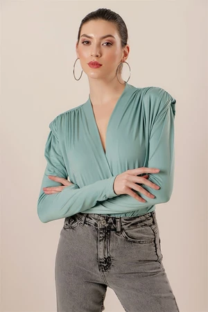 By Saygı Double-breasted Collar Shoulder Pleats Padded Snap Snap Blouse Mint