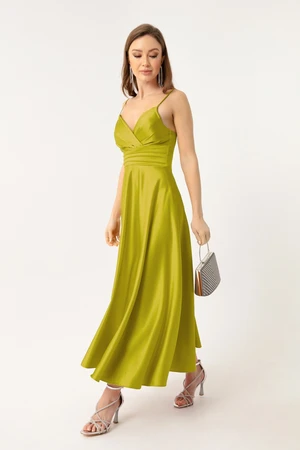 Lafaba Women's Pistachio Green Satin Midi Evening Dress &; Prom Dress with Rope Straps and Waist Belt.