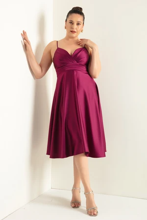 Lafaba Women's Plum Rope Strap Waist Belted Satin Midi Plus Size Evening Dress