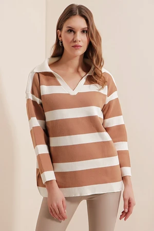 Bigdart 15792 Polo Neck Striped Sweater - Biscuit