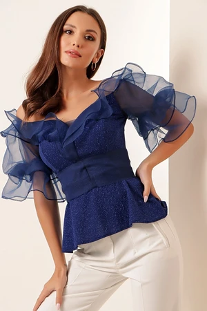 By Saygı Madonna Collar Ruffle Organza Sleeve Glittery Blouse Parlament