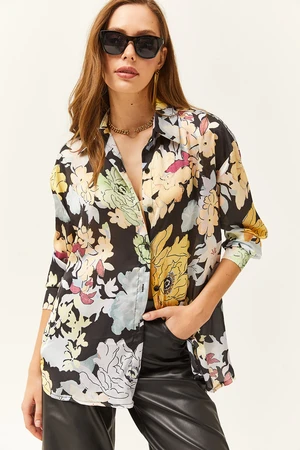 Olalook Women's Black Floral Patterned Oversize Satin Shirt