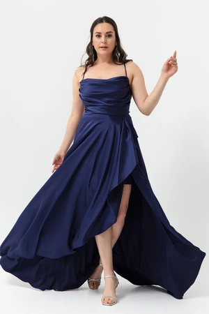 Lafaba Women's Navy Blue Plus Size Satin Evening Dress with Ruffles and a Slit Prom Prom Dress.