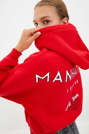 Trendyol Red Back Print Detailed Hoodie, Fleece Inner Knitted Sweatshirt