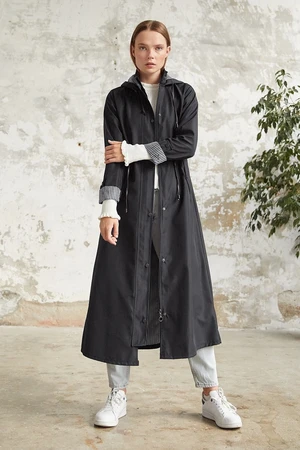 InStyle Stripe Pattern Trench Coat - Black