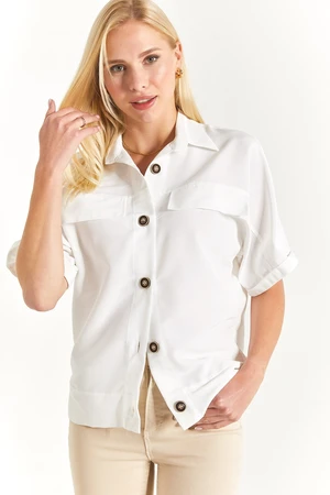 armonika Women's White Bat Sleeved Pocket Detailed Shirt and Jacket