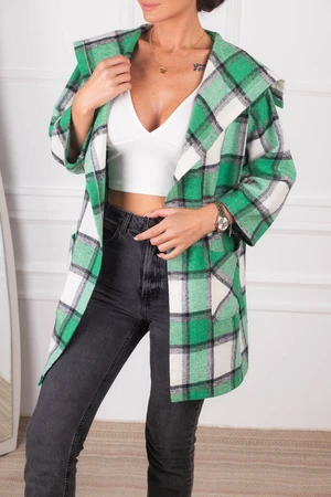 armonika Women's Grass Green Checked Loose Jacket with Pocket