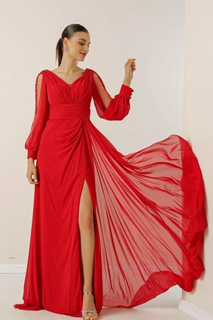 By Saygı V-Neck Long Evening Chiffon Dress with Draping and Lined Sleeves.