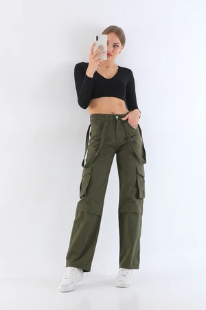 BİKELİFE Women's Khaki High Waist Multi-Pocket Strap Detail Straight Fit Cargo Pants