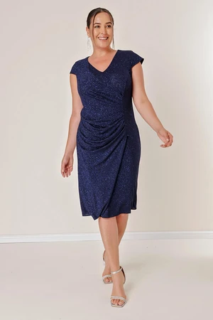 By Saygı Plus Size Lycra Glittery Dress With Draping and Moon Sleeves Lined