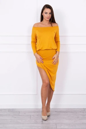 Asymmetrical dress, 3/4 mustard sleeve