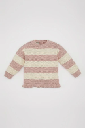 DEFACTO Baby Girl Dried Rose Striped Button Closure Crew Neck Sweater