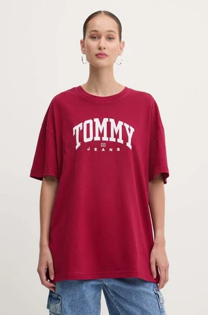 Bavlnené tričko Tommy Jeans dámske, bordová farba, DW0DW18403