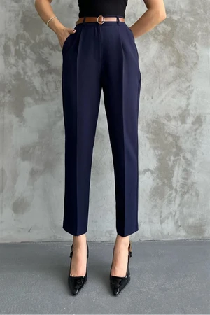 67537 Dewberry Skinny Leg Belted Women Trousers-NAVY