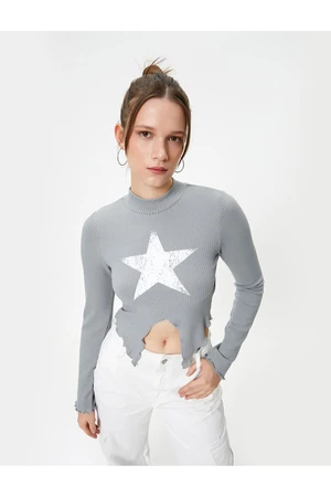 Koton High Neck Crop T-Shirt Asymmetric Cut Long Sleeve Star Print Detailed Ribbed