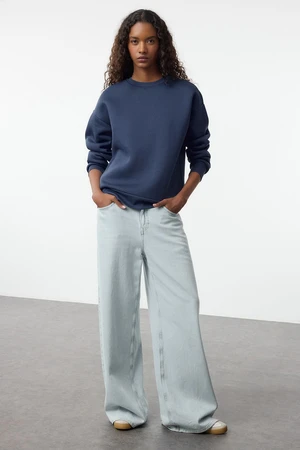 Trendyol Indigo Plain Oversize/Relaxed Cut Basic Crew Neck Thick/Polar Inside Knitted Sweatshirt