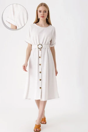 Bigdart 2389 Belted Linen Dress - Ecru