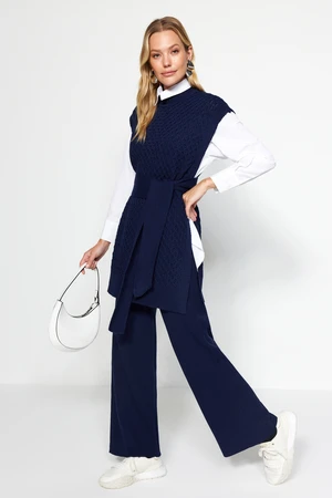 Trendyol Navy Blue Belted Brass Knitted Sweater-Trousers Knitwear Two Piece Set