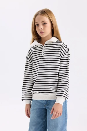 DEFACTO Girl Oversize Fit Wide Mold Half Zipper Striped Sweatshirt