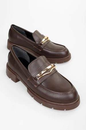 Shoeberry Women's Glide Brown Leather Buckle Detail Loafer